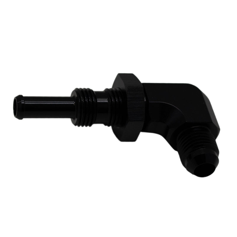 DeatschWerks 6AN male flare to 5/16 inch male barb bulkhead fitting, 90-degree angle, matte black anodized finish.