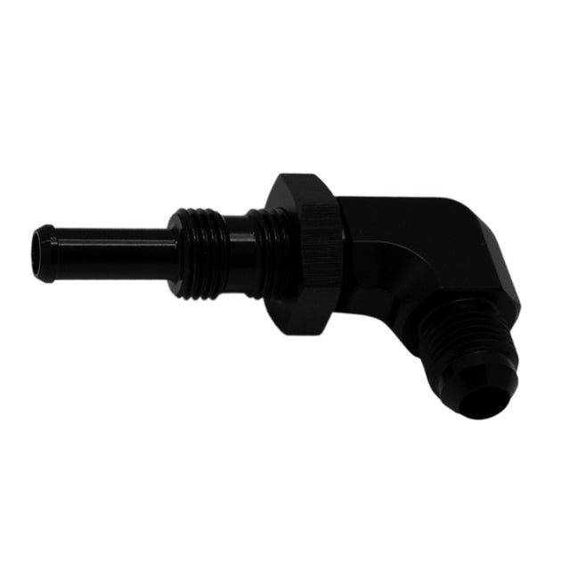 DeatschWerks 6AN male flare to 5/16 inch male barb bulkhead fitting, 90-degree angle, matte black anodized finish.
