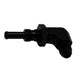 DeatschWerks 6AN male flare to 5/16 inch male barb bulkhead fitting, 90-degree angle, matte black anodized finish.