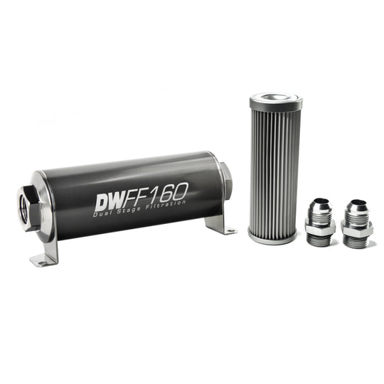 DeatschWerks stainless steel 10AN inline fuel filter housing kit with 10 micron filtration, 160mm length for fuel system filtering.