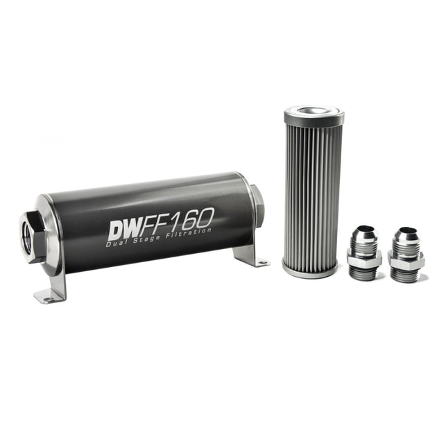 DeatschWerks stainless steel 10AN inline fuel filter housing kit with 10 micron filtration, 160mm length for fuel system filtering.