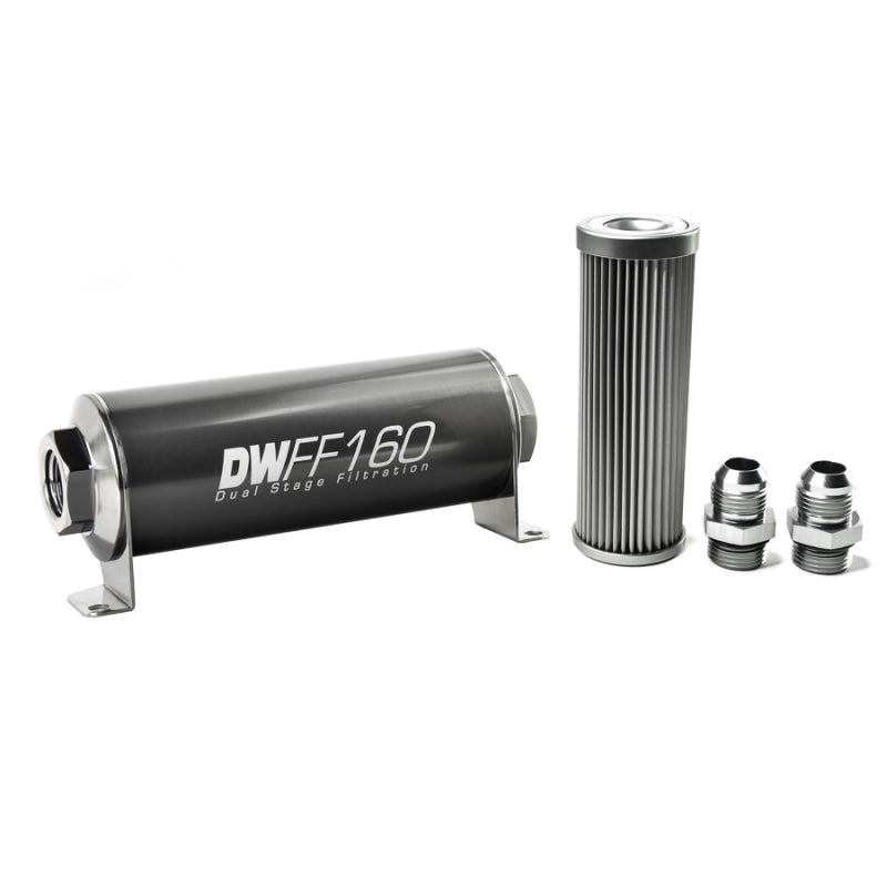 DeatschWerks stainless steel 10AN inline fuel filter housing kit with 10 micron filtration, 160mm length for fuel system filtering.