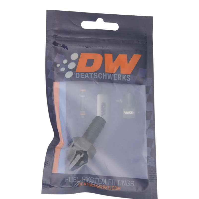 DeatschWerks 6AN ORB male to 3/8 inch male triple barb fitting with O-ring, matte black anodized finish, for fuel or oil lines.