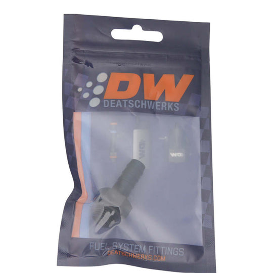 DeatschWerks 6AN ORB male to 3/8 inch male triple barb fitting with O-ring, matte black anodized finish, for fuel or oil lines.