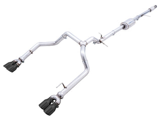 AWE Tuning 4th Gen GM 1500 5.3L catback exhaust with quad diamond tips and rear split exit with bumper cutouts.