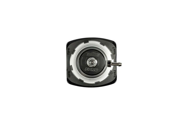 Turbosmart FPRF6 black fuel pressure regulator and filter for automotive fuel systems, shown with attached hoses and fittings.