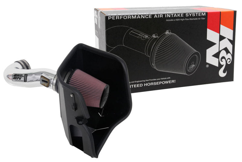 K&N Engineering cold air intake kit for 2019 Chevy Silverado and GMC Sierra 1500 V8 5.3L/6.2L engine, showing the air filter and intake tubing.