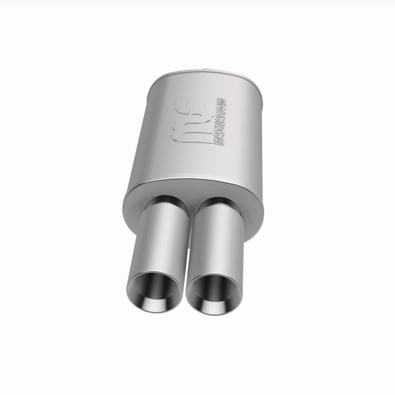 MagnaFlow stainless steel muffler with tip, 14x5x8 inches, featuring 2.25/3 inch inlet and outlet, for automotive exhaust systems.