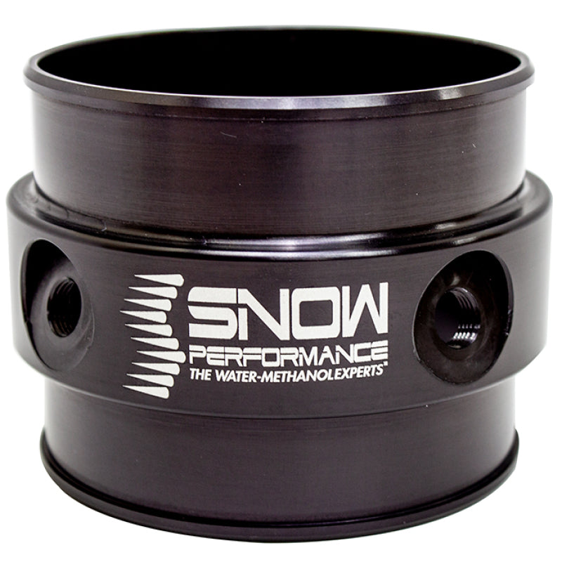 Snow Performance 3-inch injection ring for water meth plates with barb style fittings, used in fuel and water injection systems.