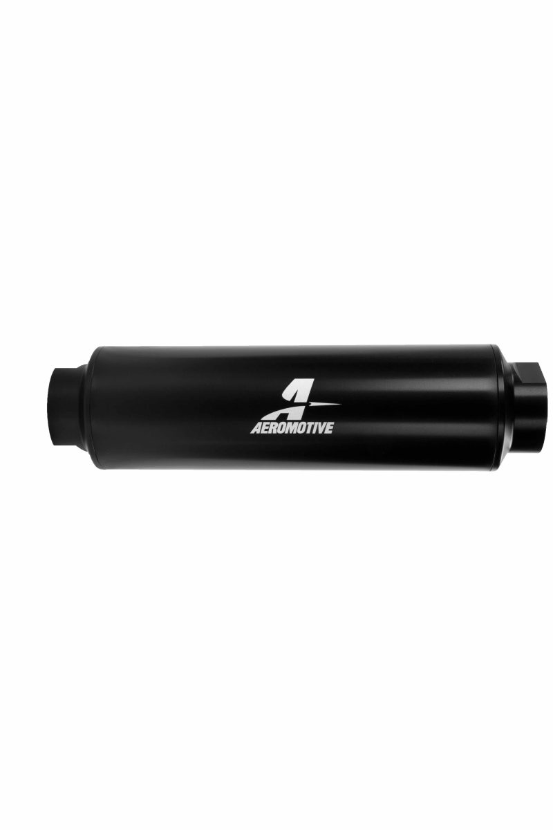Aeromotive inline fuel filter with AN-16 fitting and 10 micron microglass element for high-flow fuel filtration.