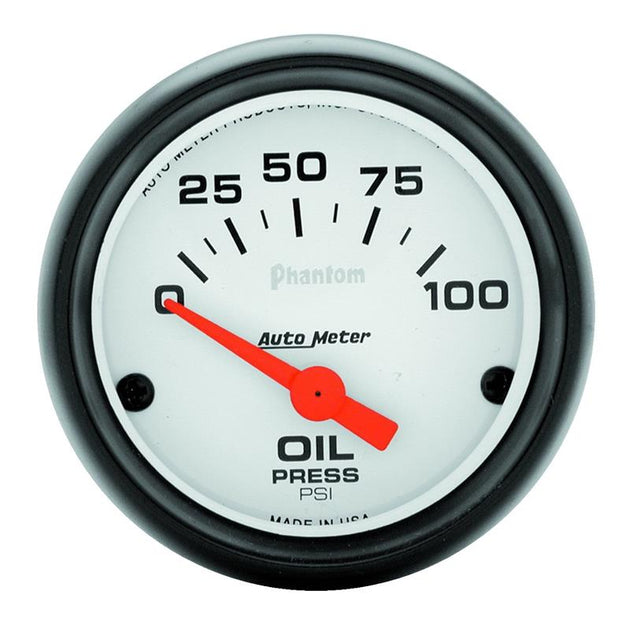 AutoMeter Phantom 52mm electric oil pressure gauge with 0-100 PSI scale, featuring a black dial and digital display.