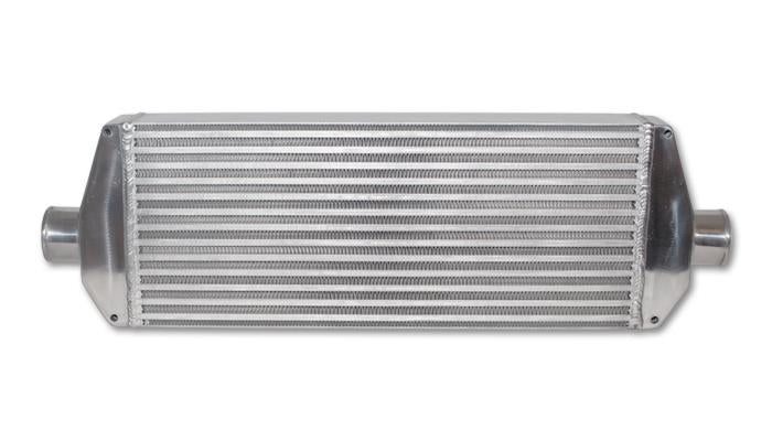 Vibrant air-to-air intercooler with end tanks, core size 22x9x3.25 inches, featuring inlet/outlet ports for automotive cooling.