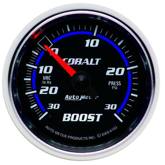Autometer Cobalt 52mm mechanical boost gauge with 30psi pressure readings, designed for precise engine boost monitoring.