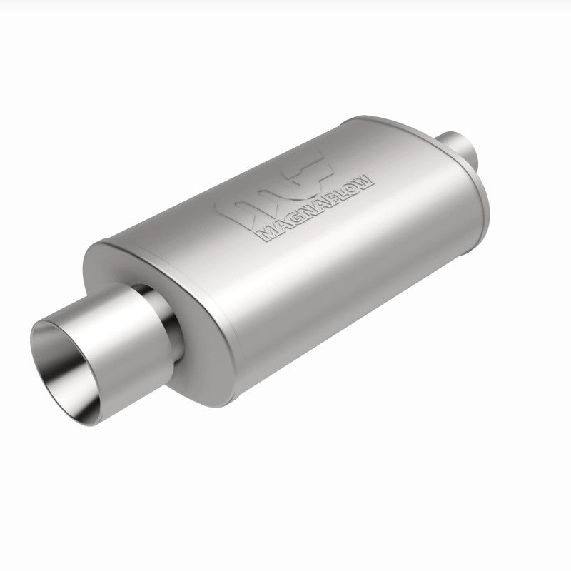 MagnaFlow muffler with tip, stainless steel, 14x5x8 inches, featuring dual inlet and outlet, for enhanced exhaust performance.