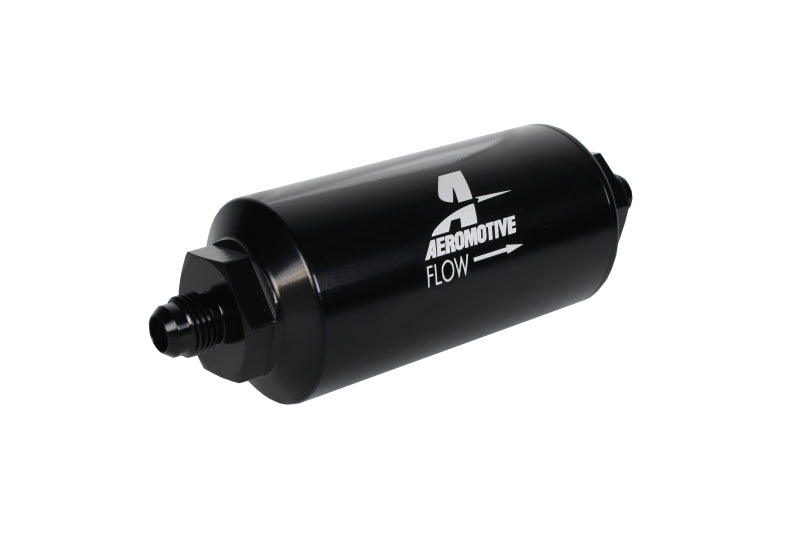Aeromotive AN-06 male inline fuel filter with 100 micron stainless steel element for automotive fuel filtration.
