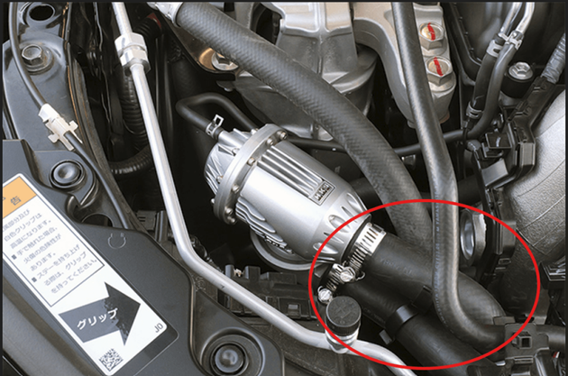 HKS Super SQV4 suction return kit blow off valve for FL5, showing the black HKS SQV4 valve with hoses and mounting hardware.