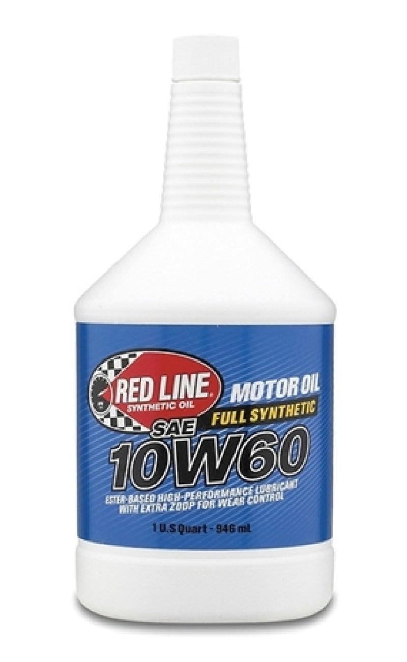 Red Line 10W60 motor oil quart bottle showing the label and container for automotive engine lubrication.