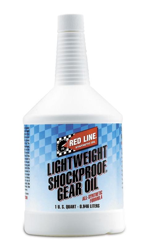 Red Line lightweight shockproof gear oil quart bottle, designed for gear protection and lubrication in automotive applications.