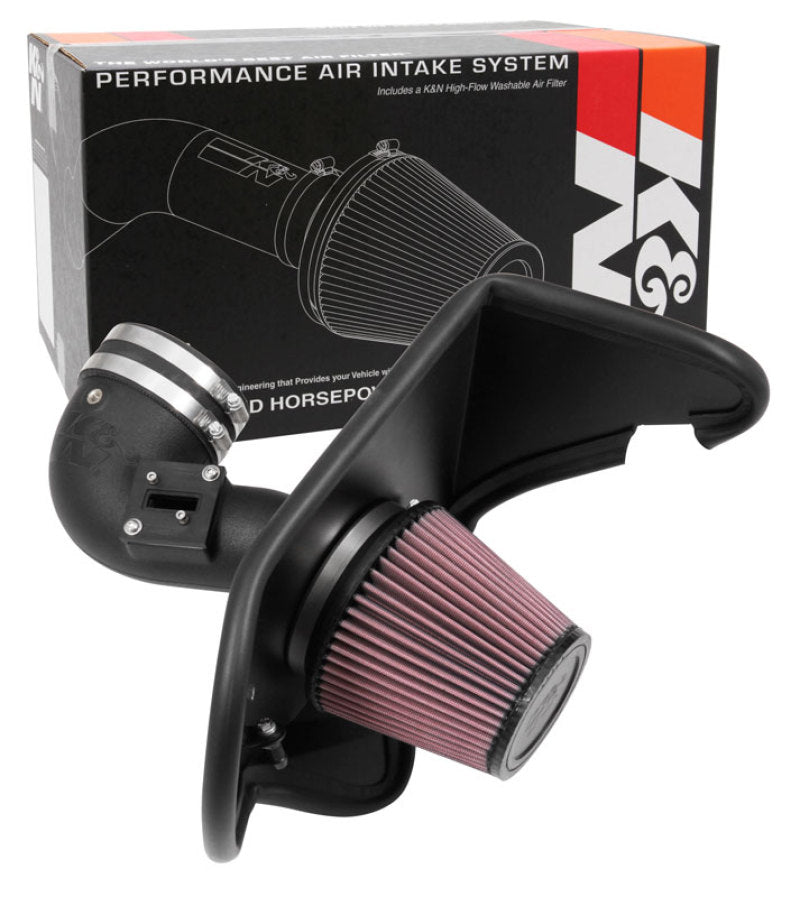 K&N Engineering cold air intake for 2016-2017 Chevrolet Camaro L4 2.0L turbo engine, showing the performance aircharger system.