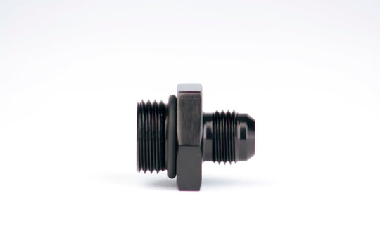 Aeromotive ORB-08 to AN-06 male flare reducer fitting showing metal fitting with threaded ends and smooth flare connection.