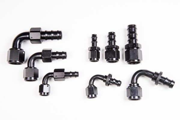 Radium Engineering 6AN straight push-lock hose end fitting showing metal construction and seal design for high-performance fluid connections.