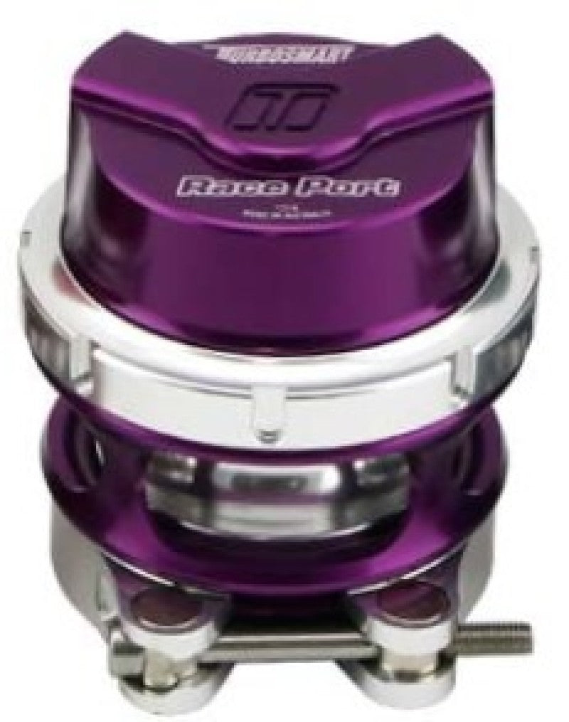 Turbosmart RacePort Female Gen-V Purple blow off valve with no weld flange, featuring sleek purple finish and compact design.
