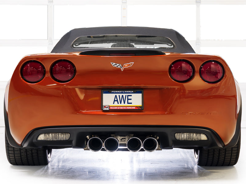 AWE Tuning axle-back exhaust for 2005-2007 C6 Chevrolet Corvette 6.0L with chrome silver tips, showing the polished exhaust tips and piping.