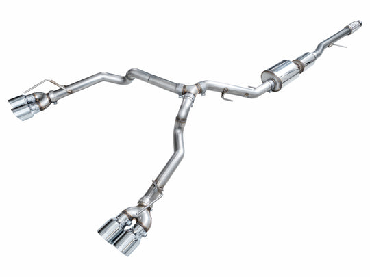 AWE Tuning catback exhaust system for 2021+ GMC Suburban and Yukon XL 5.3L with quad chrome silver tips, showcasing dual exhaust outlets.