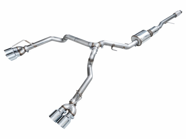 AWE Tuning catback exhaust system for 2021+ GMC Suburban and Yukon XL 5.3L with quad chrome silver tips, showcasing dual exhaust outlets.