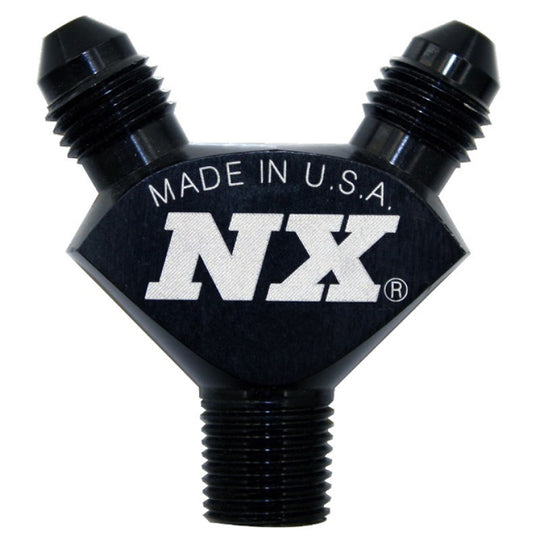 Black Nitrous Express billet Pure-Flo Y fitting with 1/8NPT and 3AN connections, designed for high-performance fuel or nitrous systems.