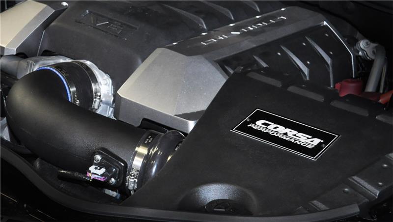 CORSA Performance cold air intake for Chevrolet Camaro SS 6.2L V8 engine, showing the black intake tube and filter.