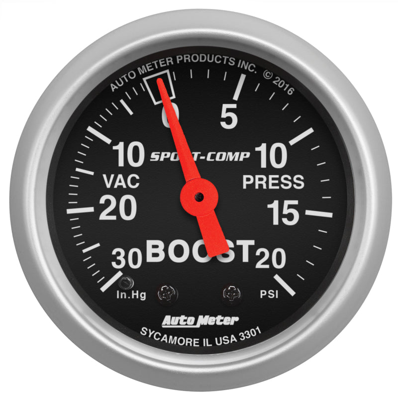 AutoMeter Sport-Comp 52mm mechanical boost gauge displaying 20 PSI max with black face and silver bezel.