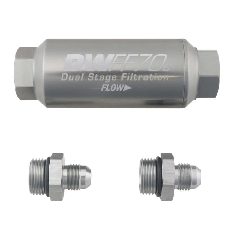 DeatschWerks 6AN 10 Micron 70mm compact inline fuel filter kit showing metal body and inlet/outlet fittings for automotive fuel systems.