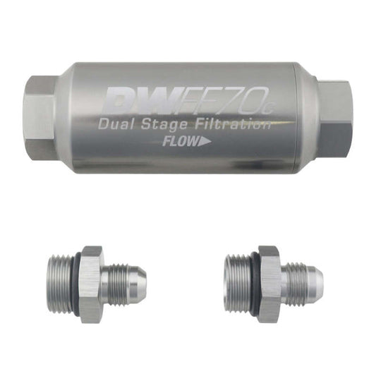 DeatschWerks 6AN 10 Micron 70mm compact inline fuel filter kit showing metal body and inlet/outlet fittings for automotive fuel systems.