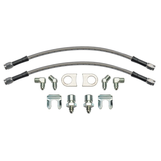 Wilwood 12-inch brake line kit with -3 to 3/8-24 and 1/8-27 NPT fittings, 90-degree flexline and weld-on bracket tabs.