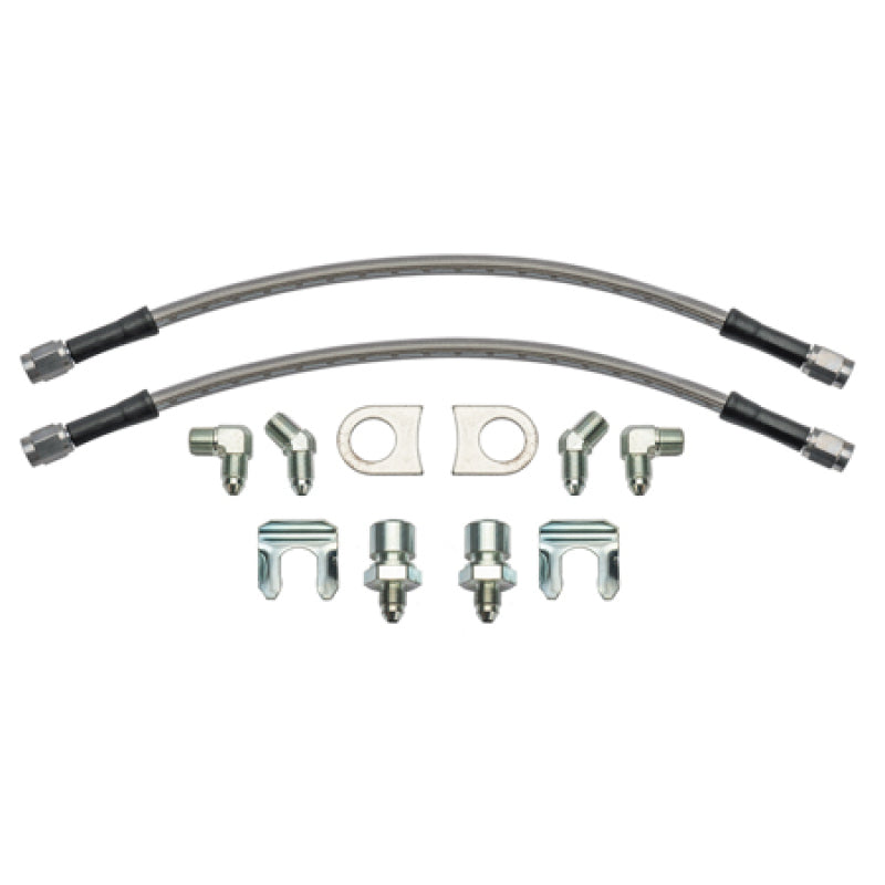 Wilwood 12-inch brake line kit with -3 to 3/8-24 and 1/8-27 NPT fittings, 90-degree flexline and weld-on bracket tabs.
