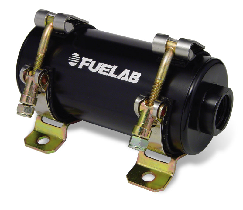 Fuelab Prodigy high power EFI inline fuel pump in black, designed for 1800 HP applications, shown in a close-up view.