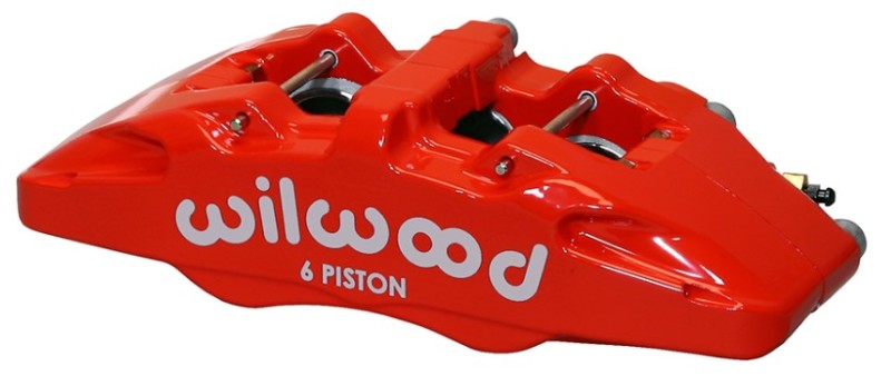Wilwood forged Dynapro 6 brake caliper in red with 1.62, 1.12, 1.12-inch pistons and 0.81-inch disc for performance braking.