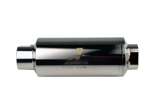 Aeromotive Pro-Series in-line fuel filter with ORB-12 fittings and 10-micron microglass element for vehicle fuel system filtration.