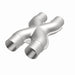 MagnaFlow Smooth Trans X 2.25-inch stainless steel X pipe for exhaust systems, showcasing the polished metal construction.