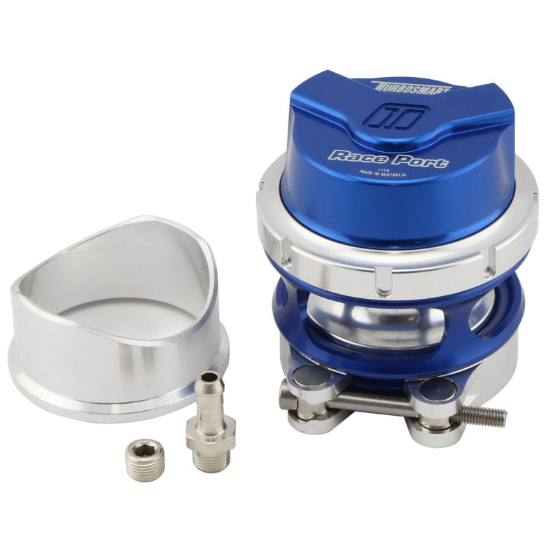 Turbosmart RacePort Blue Gen V blow off valve with sleek blue finish, showing the compact design and branding.