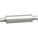 MagnaFlow Mag SS 7X7 30 muffler with 4-inch inlet and outlet, stainless steel construction, shown from side angle.