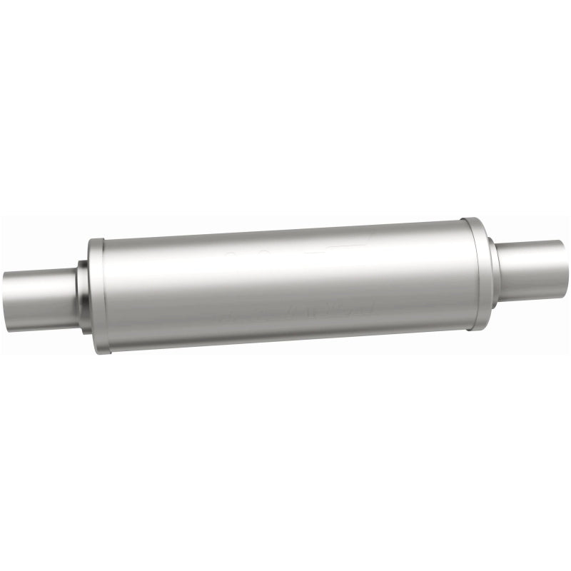 MagnaFlow Mag SS 7X7 30 muffler with 4-inch inlet and outlet, stainless steel construction, shown from side angle.