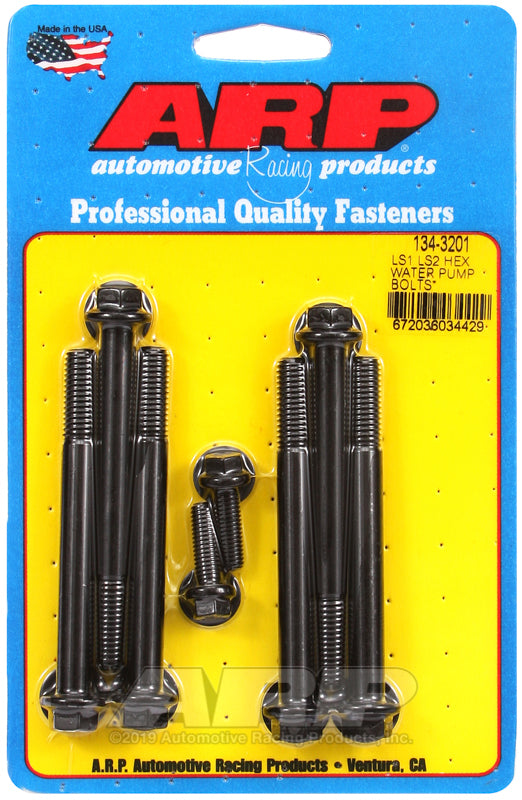 ARP LS1 / LS2 water pump with thermostat housing stainless steel hex bolt kit showing hardware components and mounting details.