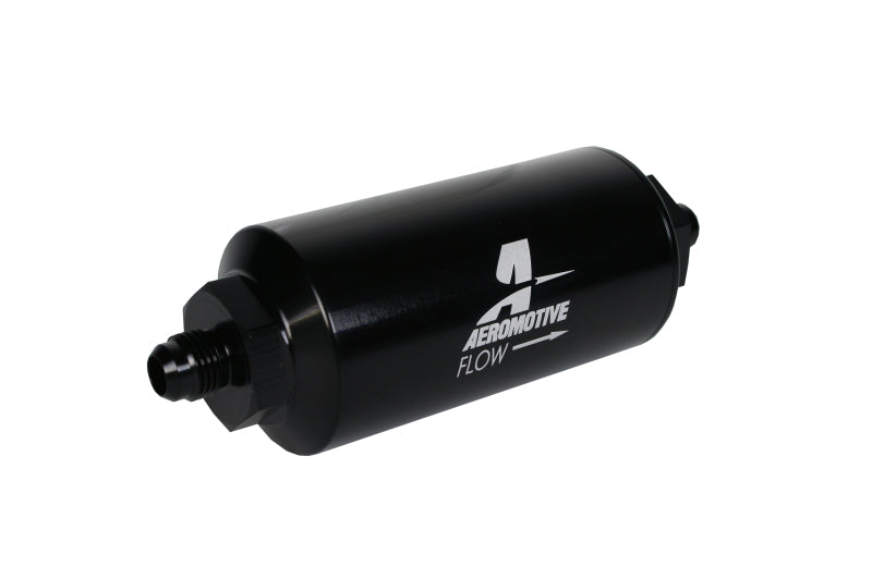 Aeromotive in-line fuel filter with AN-6 male fittings and 10 micron fabric element in bright dip black finish.