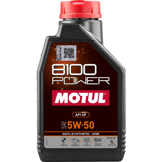 Motul 1L synthetic engine oil 8100 Power 5W50 container for car engine lubrication and performance.