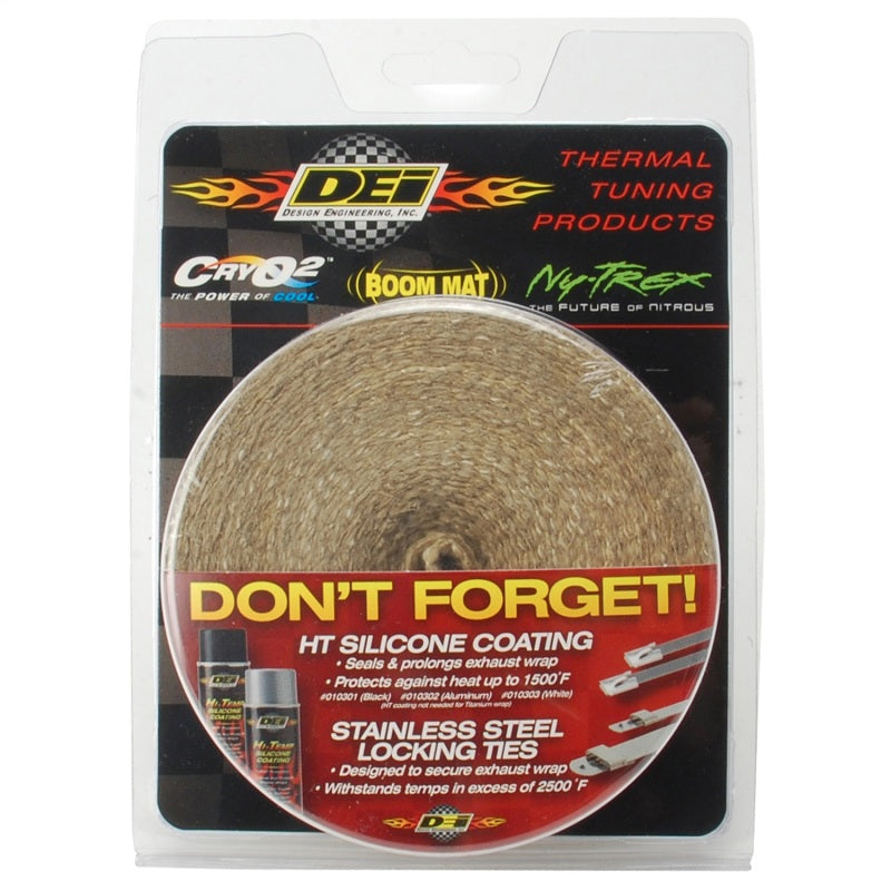 DEI exhaust wrap 2-inch by 25-foot in tan color, designed for heat insulation on exhaust pipes, shown rolled out on a surface.