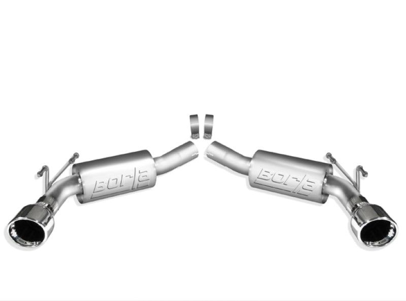 Borla 2010 Camaro 6.2L V8 S-type catback exhaust rear section, stainless steel muffler and piping, shiny and well-crafted.