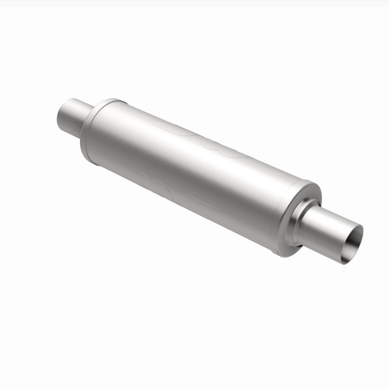 MagnaFlow Mag SS muffler with 14x4x4 inch size and dual inlet/outlet, stainless steel construction, shown installed on a vehicle.