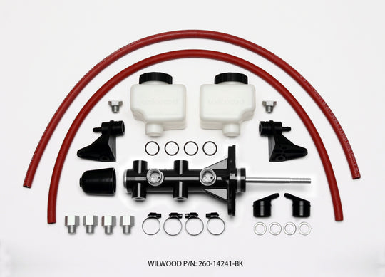 Wilwood tandem remote brake master cylinder with 7/8 inch bore in black, showing the compact and durable design for high-performance vehicles.